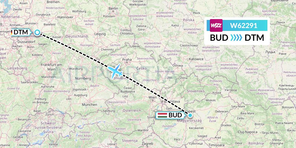 W62291 Wizz Air Flight Map: Budapest to Dortmund