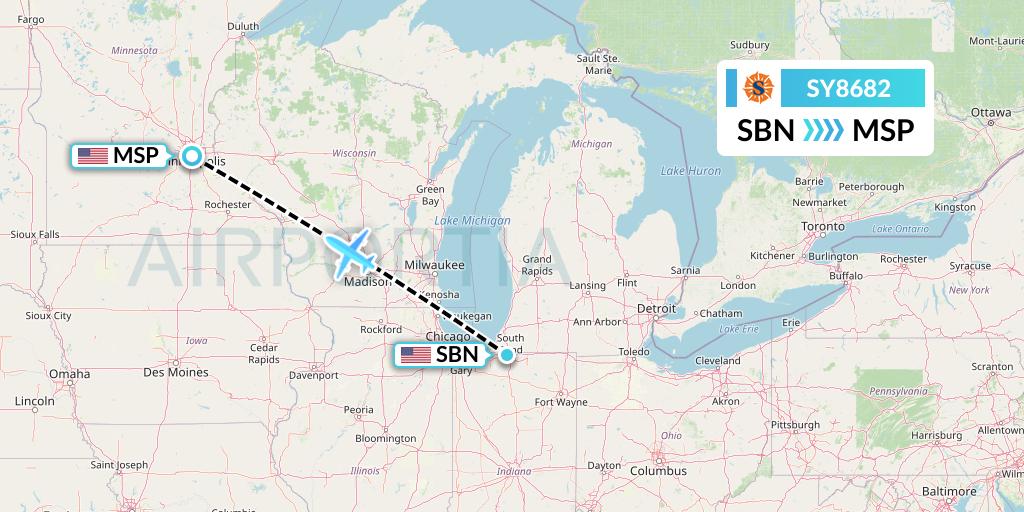 SY8682 Sun Country Airlines Flight Map: South Bend to Minneapolis