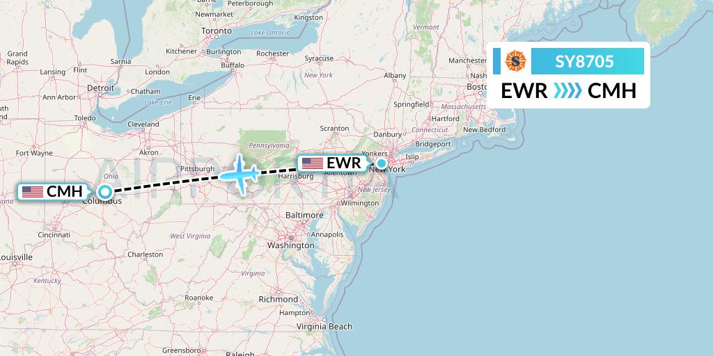 SY8705 Sun Country Airlines Flight Map: New York to Columbus