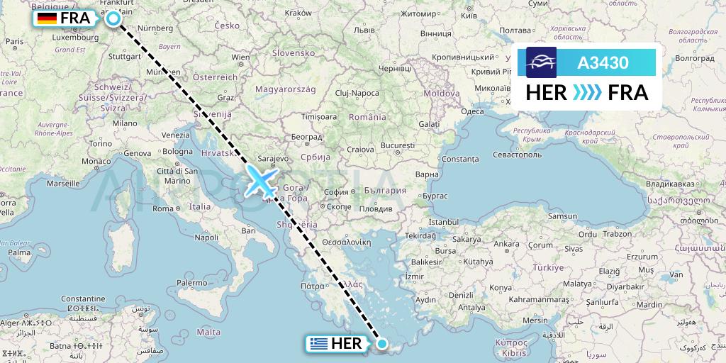 A3430 Aegean Airlines Flight Map: Heraklion to Frankfurt