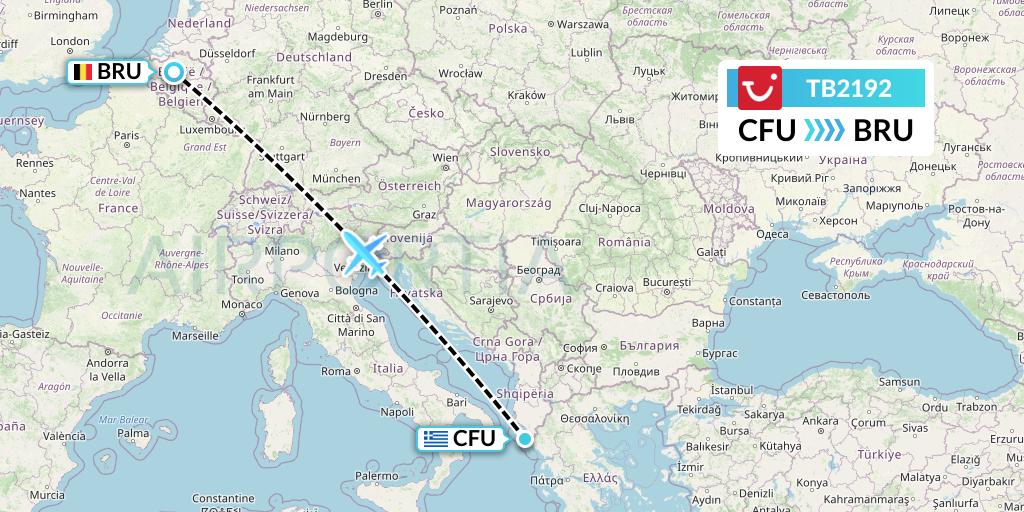 TB2192 TUI fly Belgium Flight Map: Corfu to Brussels