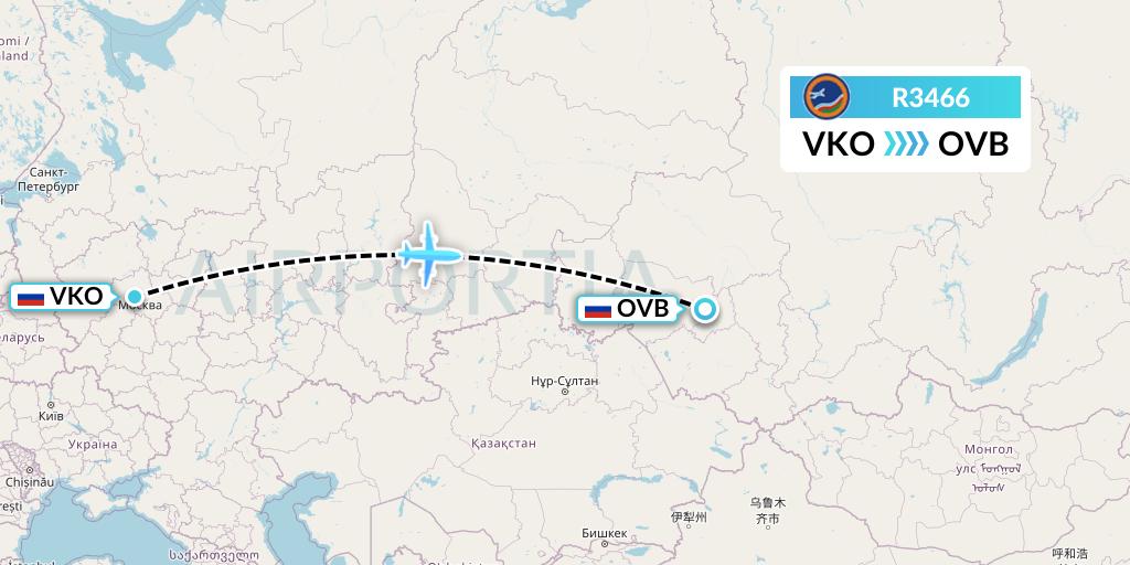 R3466 Yakutia Airlines Flight Map: Moscow to Novosibirsk