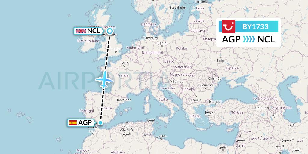 BY1733 TUI Airways Flight Map: Malaga to Newcastle