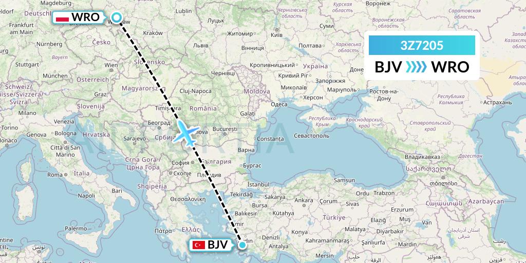 3Z7205 Travel Service Polska Flight Map: Bodrum to Wroclaw
