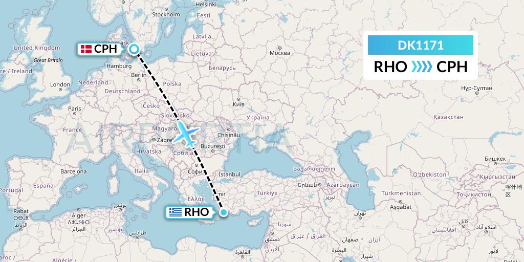 DK1171 Thomas Cook Airlines Scandinavia Flight Map: Rhodes to Copenhagen