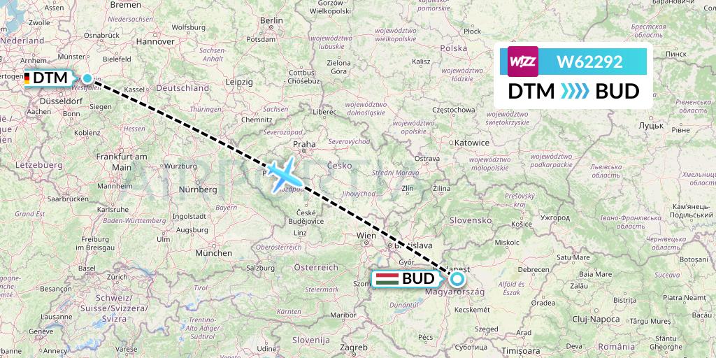 W62292 Wizz Air Flight Map: Dortmund to Budapest