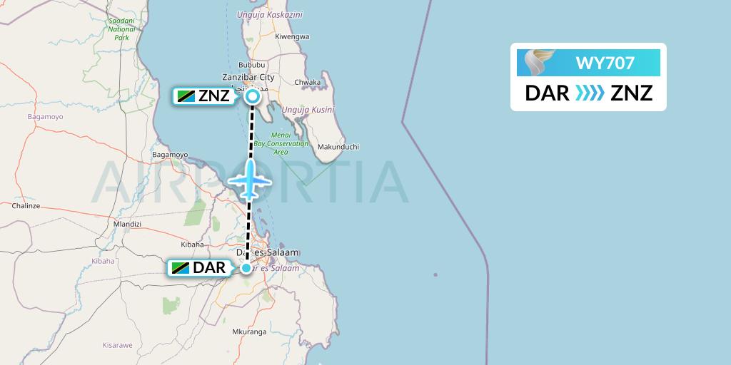 WY707 Oman Air Flight Map: Dar-es-Salaam to Zanzibar