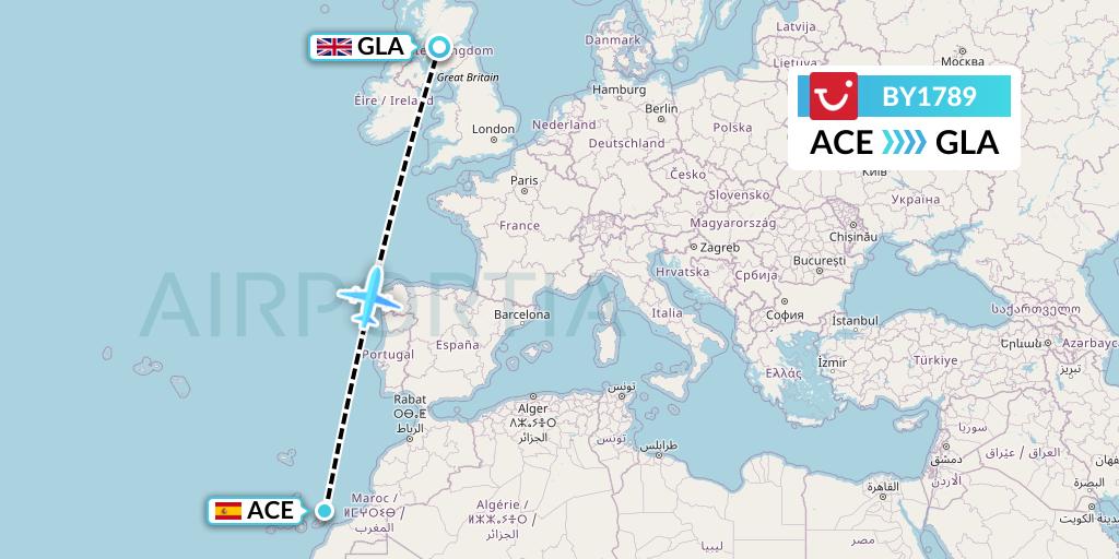 BY1789 TUI Airways Flight Map: Lanzarote to Glasgow