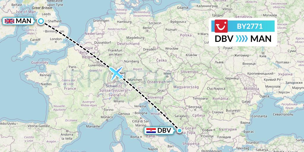 BY2771 TUI Airways Flight Map: Dubrovnik to Manchester