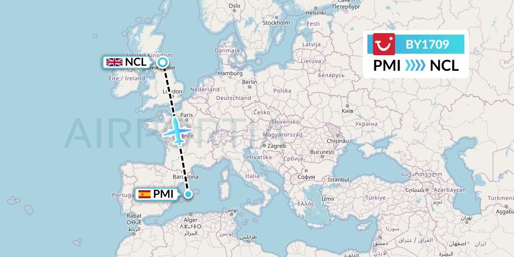 BY1709 TUI Airways Flight Map: Palma de Mallorca to Newcastle