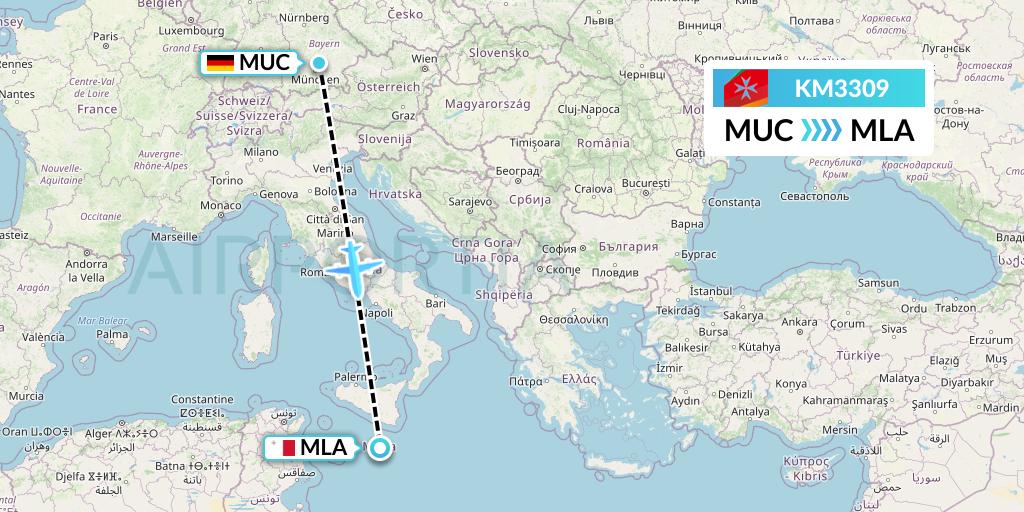 KM3309 Air Malta Flight Map: Munich to Malta