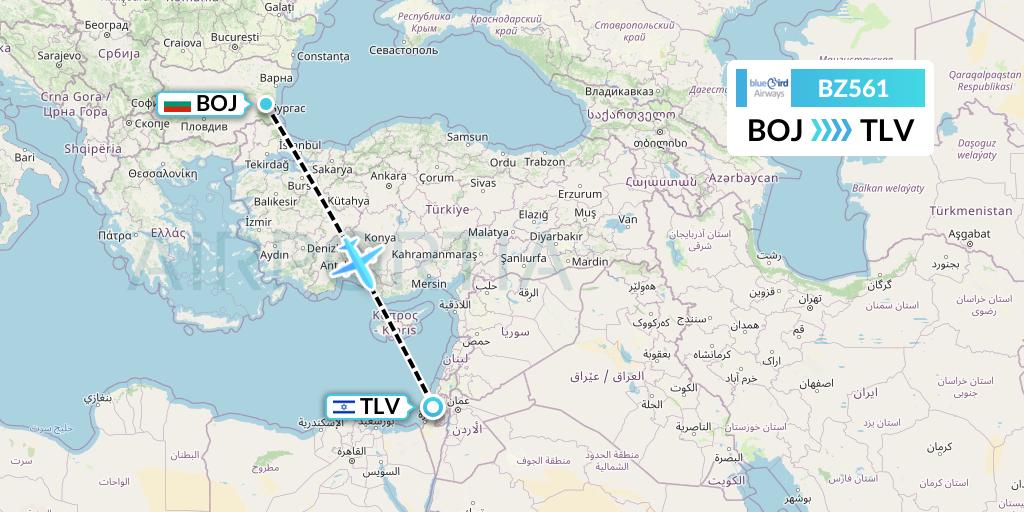 BZ561 Bluebird Airways Flight Map: Burgas to Tel Aviv
