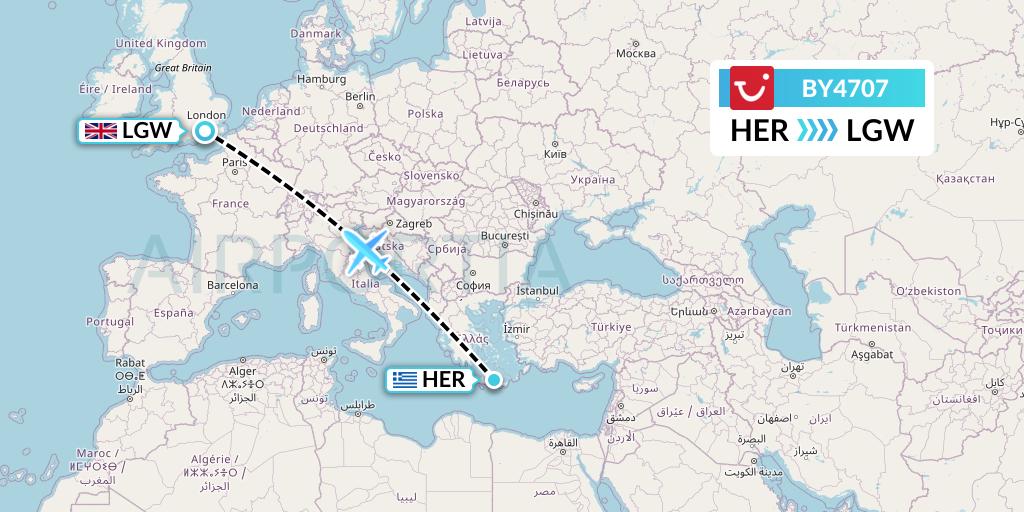BY4707 TUI Airways Flight Map: Heraklion to London