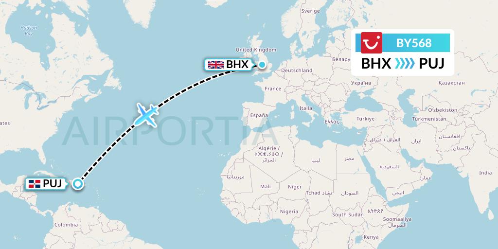 BY568 TUI Airways Flight Map: Birmingham to Punta Cana