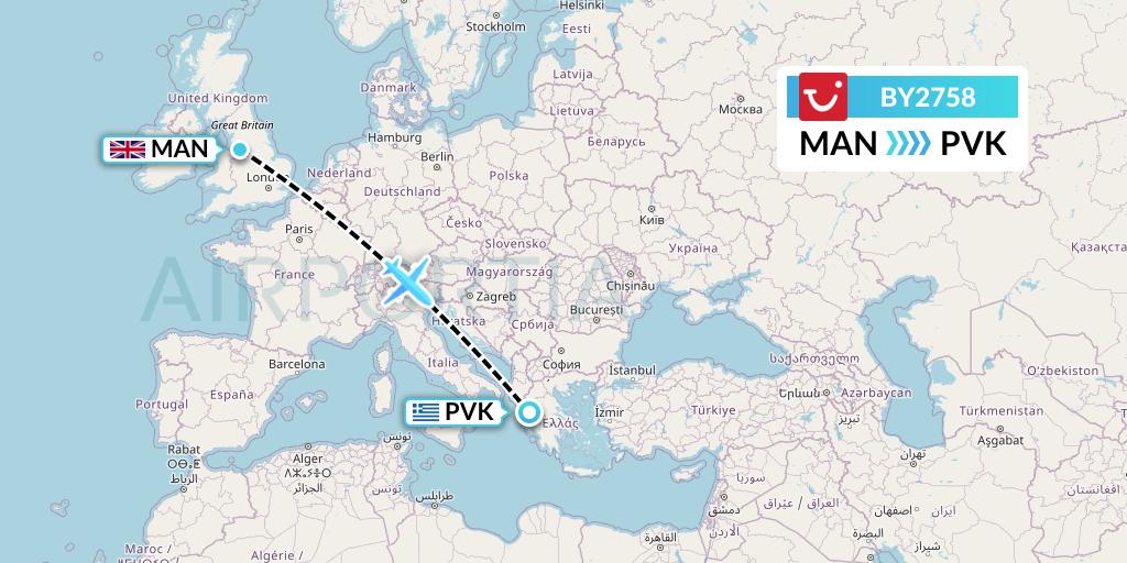 BY2758 TUI Airways Flight Map: Manchester to Preveza