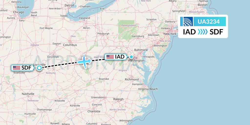 UA3234 United Airlines Flight Map: Washington to Louisville