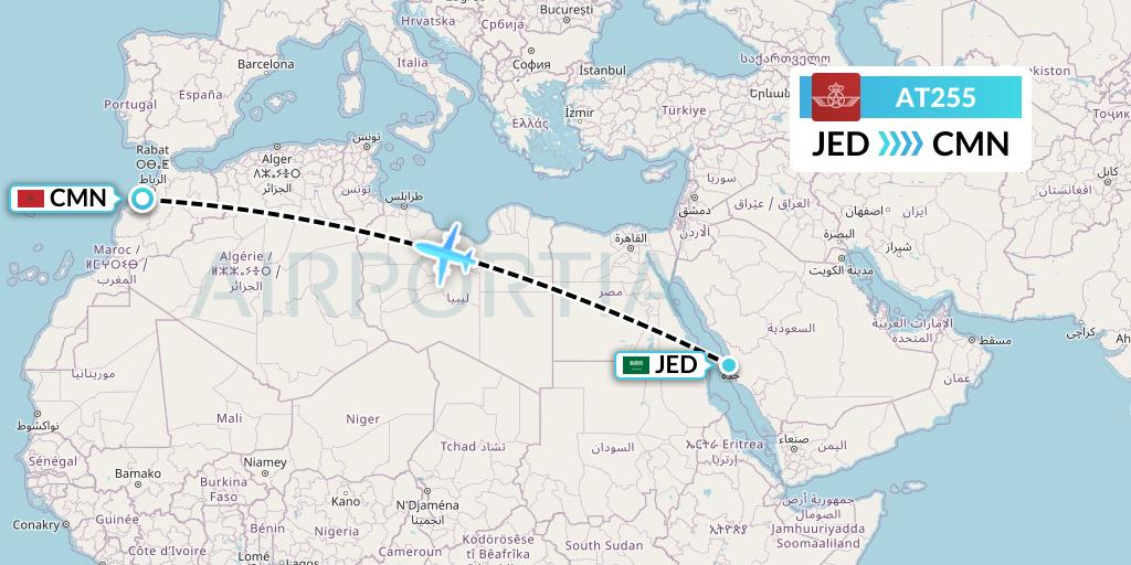 AT255 Royal Air Maroc Flight Map: Jeddah to Casablanca