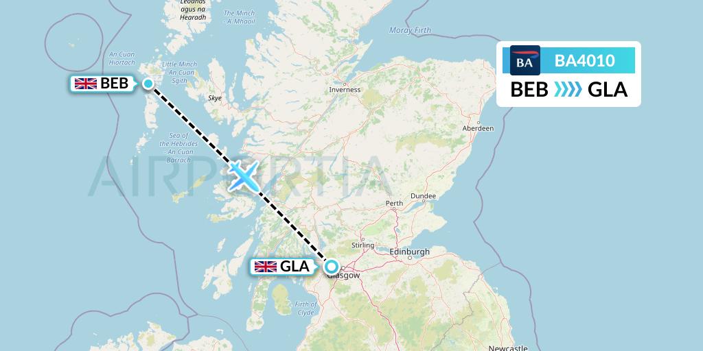 BA4010 British Airways Flight Map: Benbecula to Glasgow