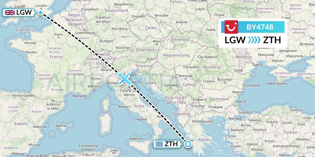 BY4748 TUI Airways Flight Map: London to Zakynthos