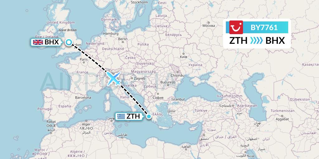 BY7761 TUI Airways Flight Map: Zakynthos to Birmingham