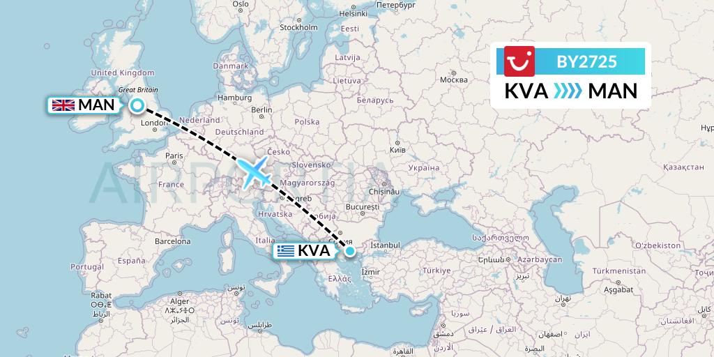 BY2725 TUI Airways Flight Map: Kavala to Manchester