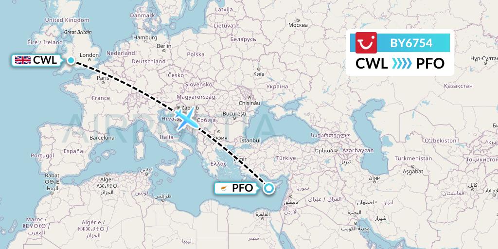 BY6754 TUI Airways Flight Map: Cardiff to Pafos