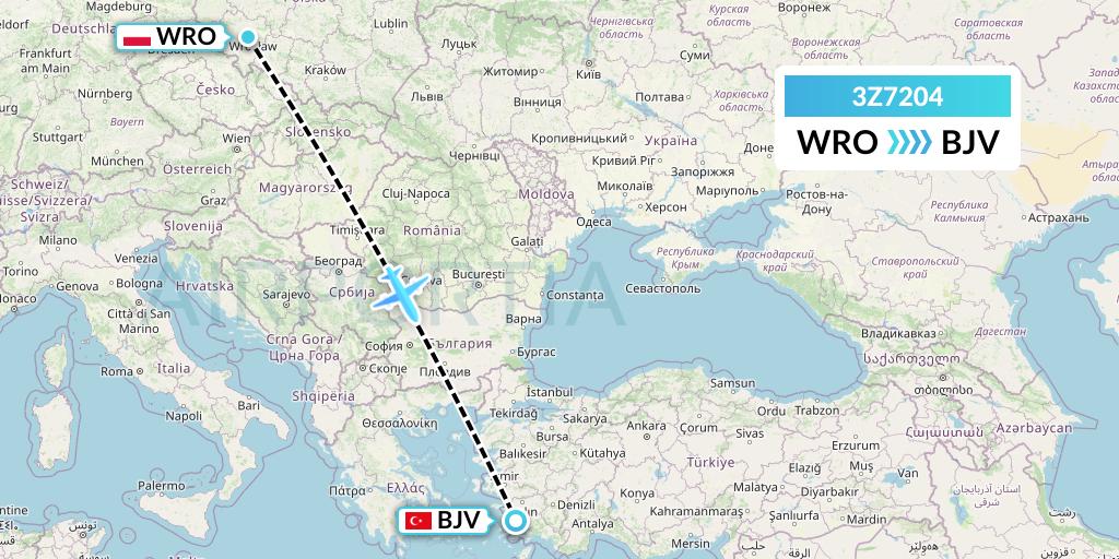 3Z7204 Travel Service Polska Flight Map: Wroclaw to Bodrum