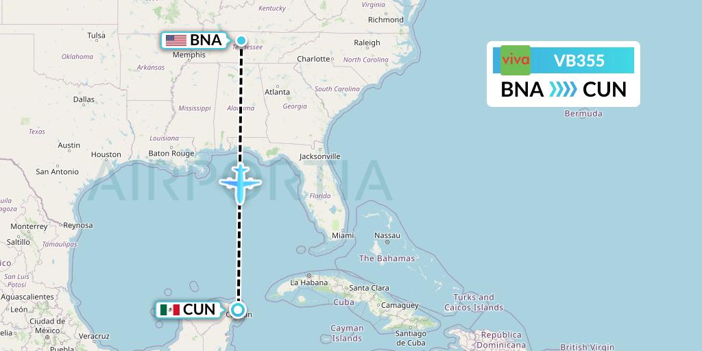 VB355 VivaAerobus Flight Map: Nashville to Cancun