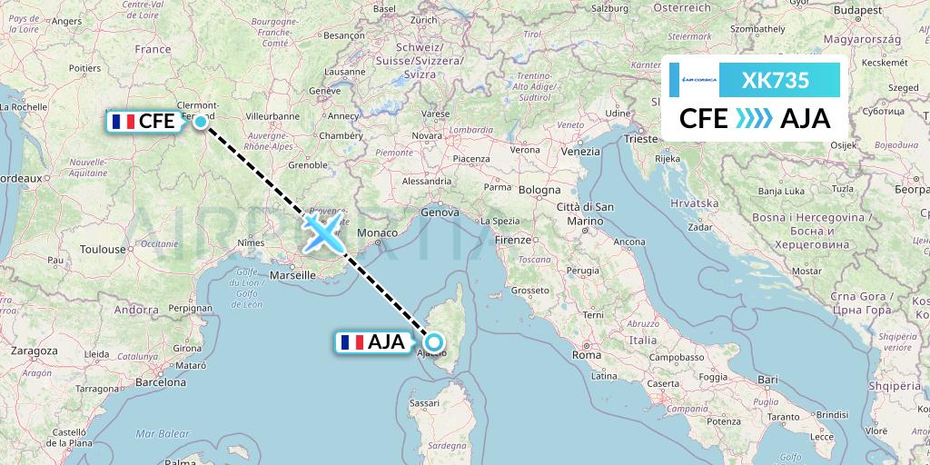 XK735 Air Corsica Flight Map: Clermont-Ferrand to Ajaccio