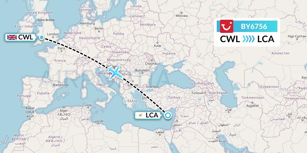 BY6756 TUI Airways Flight Map: Cardiff to Larnaca