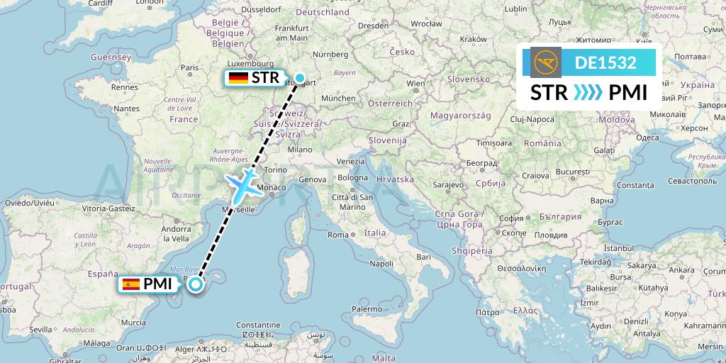 DE1532 Condor Flight Map: Stuttgart to Palma de Mallorca