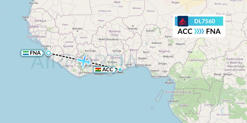 DL7560 Delta Air Lines Flight Map: Accra to Freetown