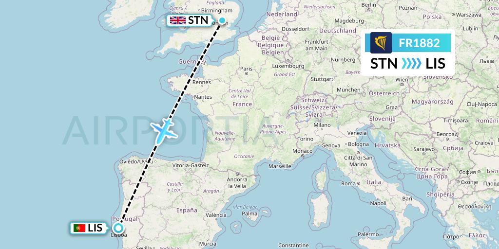 FR1882 Ryanair Flight Map: London to Lisbon
