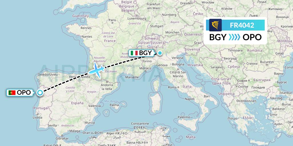 FR4042 Ryanair Flight Map: Milan to Porto