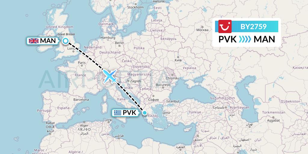 BY2759 TUI Airways Flight Map: Preveza to Manchester