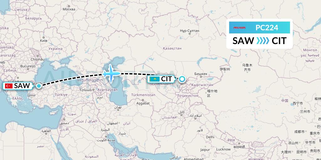 PC224 Pegasus Airlines Flight Map: Istanbul to Shymkent