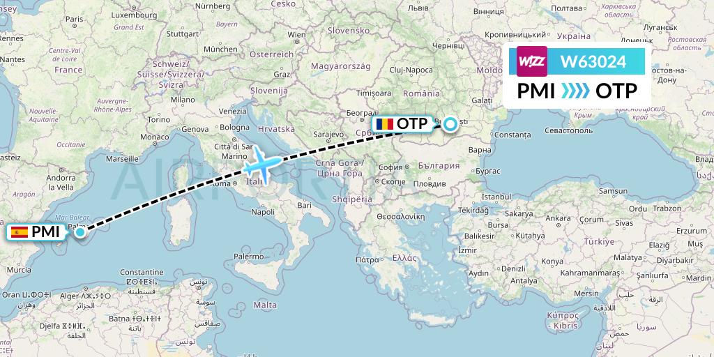 W63024 Wizz Air Flight Map: Palma de Mallorca to Bucharest