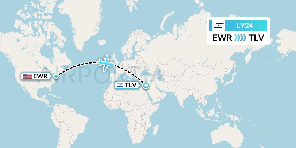 LY24 El Al Flight Map: New York to Tel Aviv