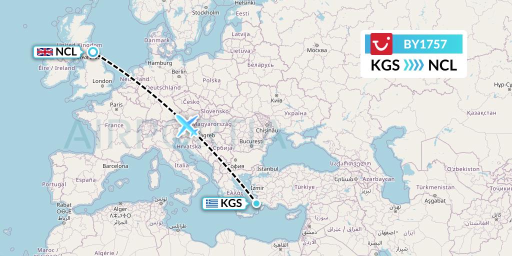 BY1757 TUI Airways Flight Map: Kos to Newcastle