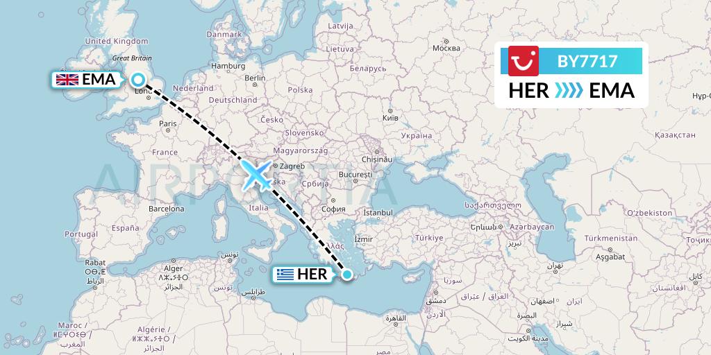 BY7717 TUI Airways Flight Map: Heraklion to East Midlands