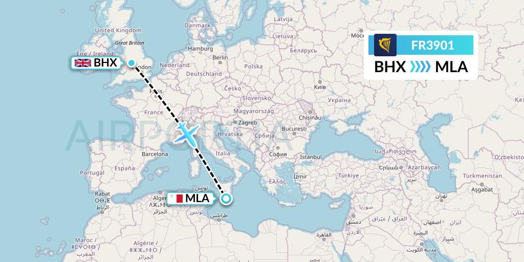 FR3901 Ryanair Flight Map: Birmingham to Malta