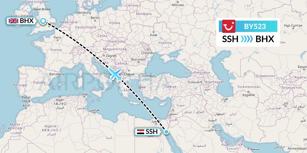 BY523 TUI Airways Flight Map: Sharm el-Sheikh to Birmingham