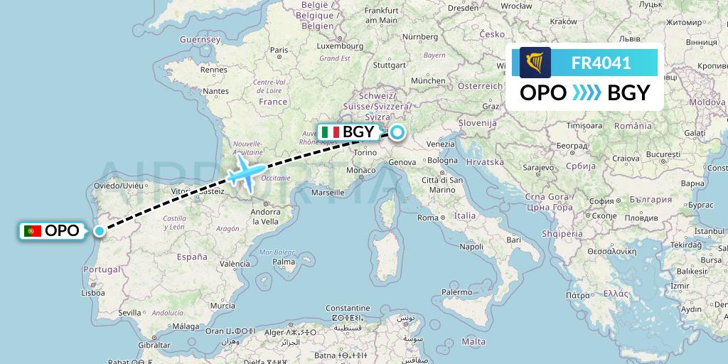 FR4041 Ryanair Flight Map: Porto to Milan