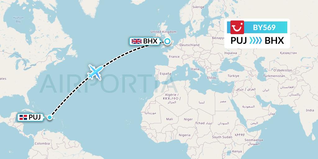 BY569 TUI Airways Flight Map: Punta Cana to Birmingham