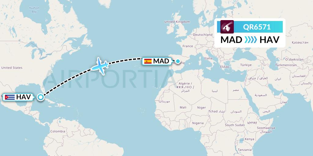 QR6571 Qatar Airways Flight Map: Madrid to Havana