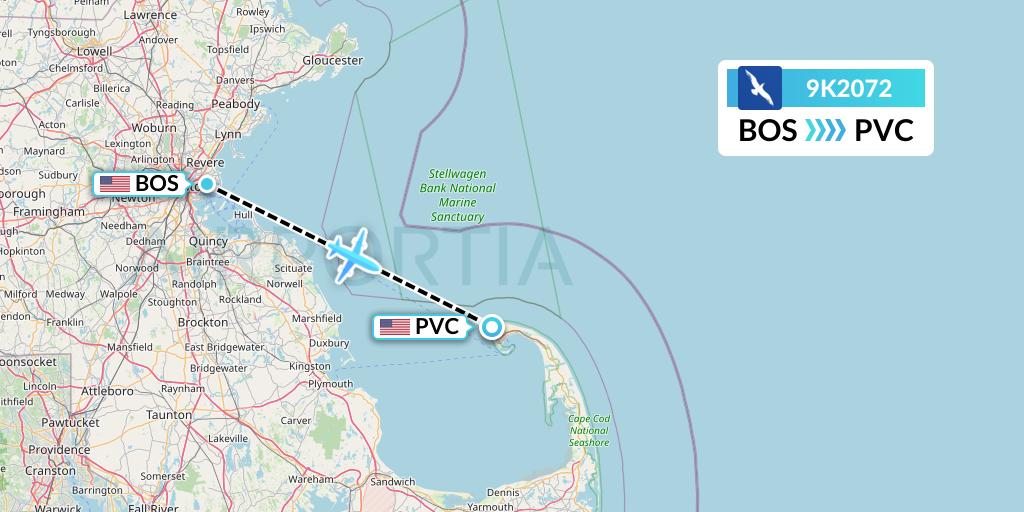 9K2072 Cape Air Flight Map: Boston to Provincetown
