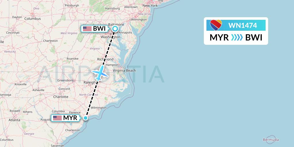WN1474 Southwest Airlines Flight Map: Myrtle Beach to Baltimore