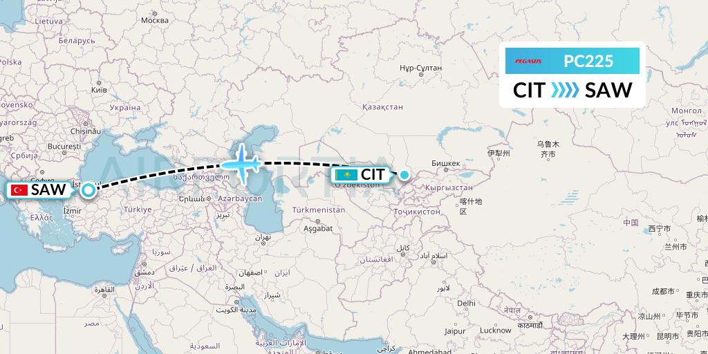PC225 Pegasus Airlines Flight Map: Shymkent to Istanbul