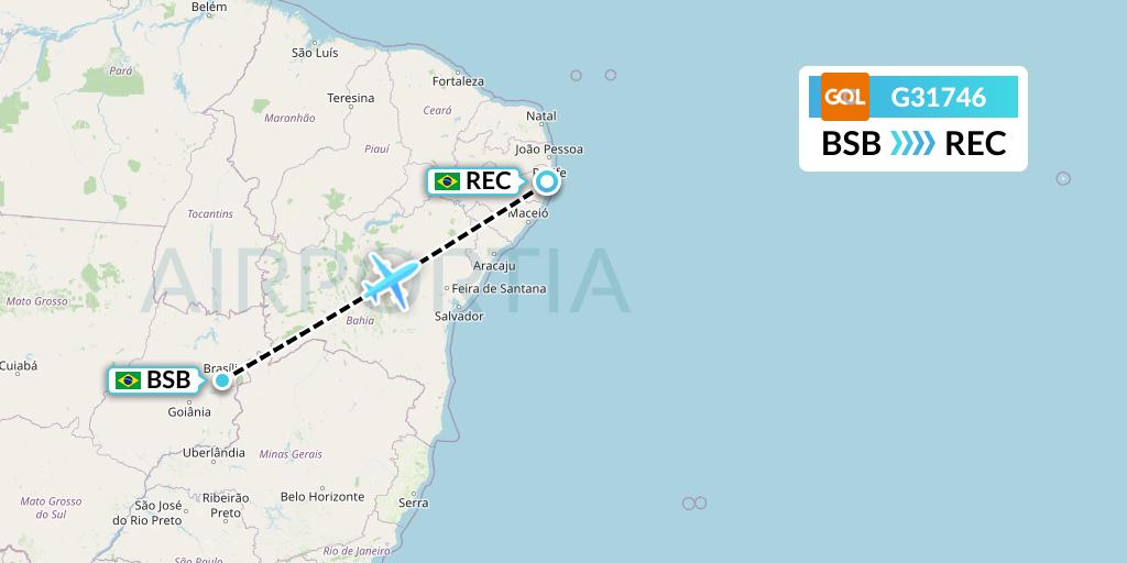G31746 GOL Transportes Aeros Flight Map: Brasilia to Recife
