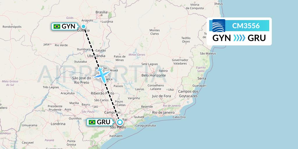CM3556 Copa Airlines Flight Map: Goiania to Sao Paulo